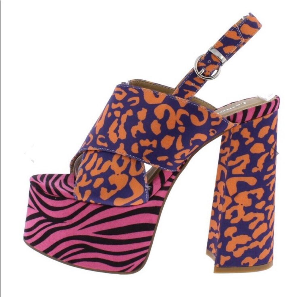 Platform Slingback Heels in Orange & Pink Animal Print